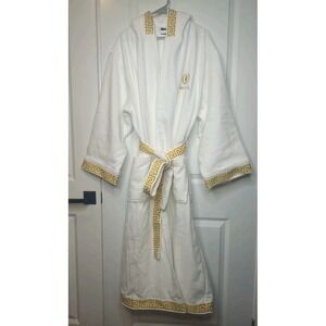 NWT Caesars Palace Lux Terry  Hooded Robe  Large/XL Greek  Key Trim White Plush
